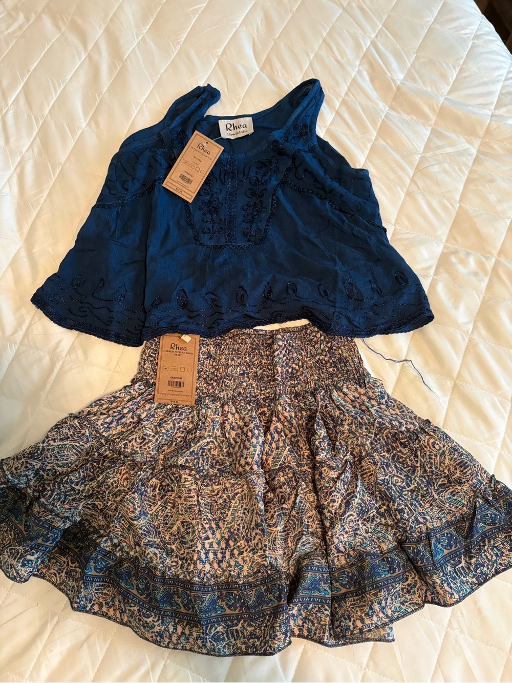 Rhea Navy Embroidered Tank with Multicolor Patterned Skater Skirt